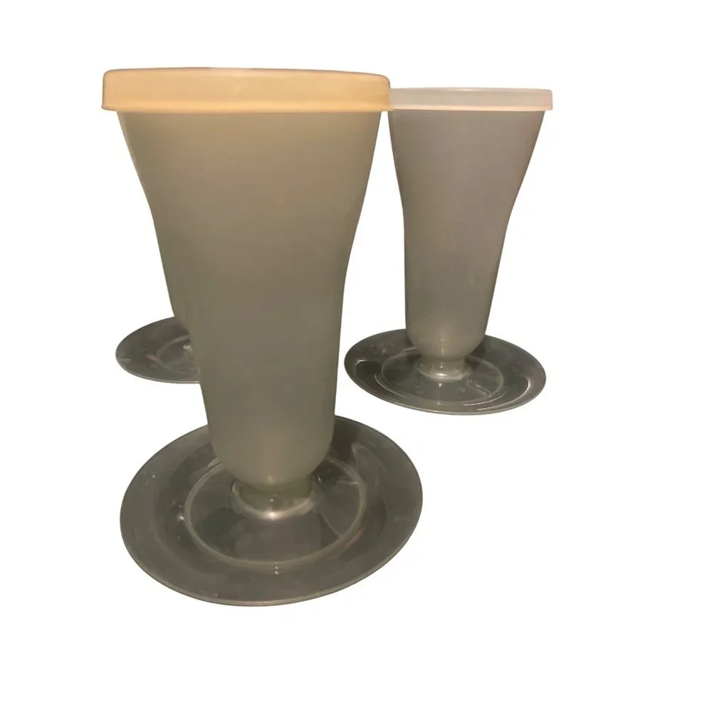 Vintage Set of 4 Tupperware Gray Parfait Dessert Cups Lids 754 Easy Stack Estate